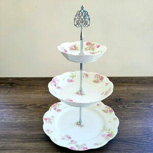 Vintage Mismatched Limoges 3-Tiered Dessert Stand, Shabby Chic French Floral